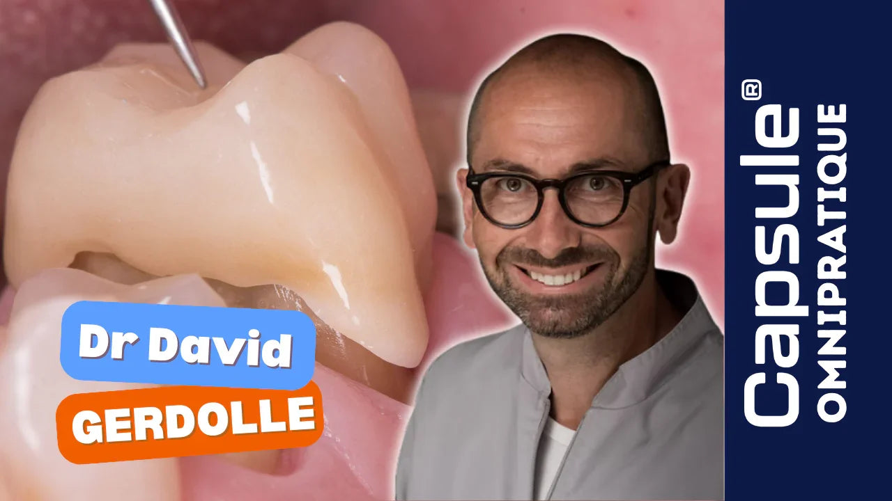 Gros plan sur restauration dentaire, portrait d'un dentiste avec logo Capsule Omnipratique.